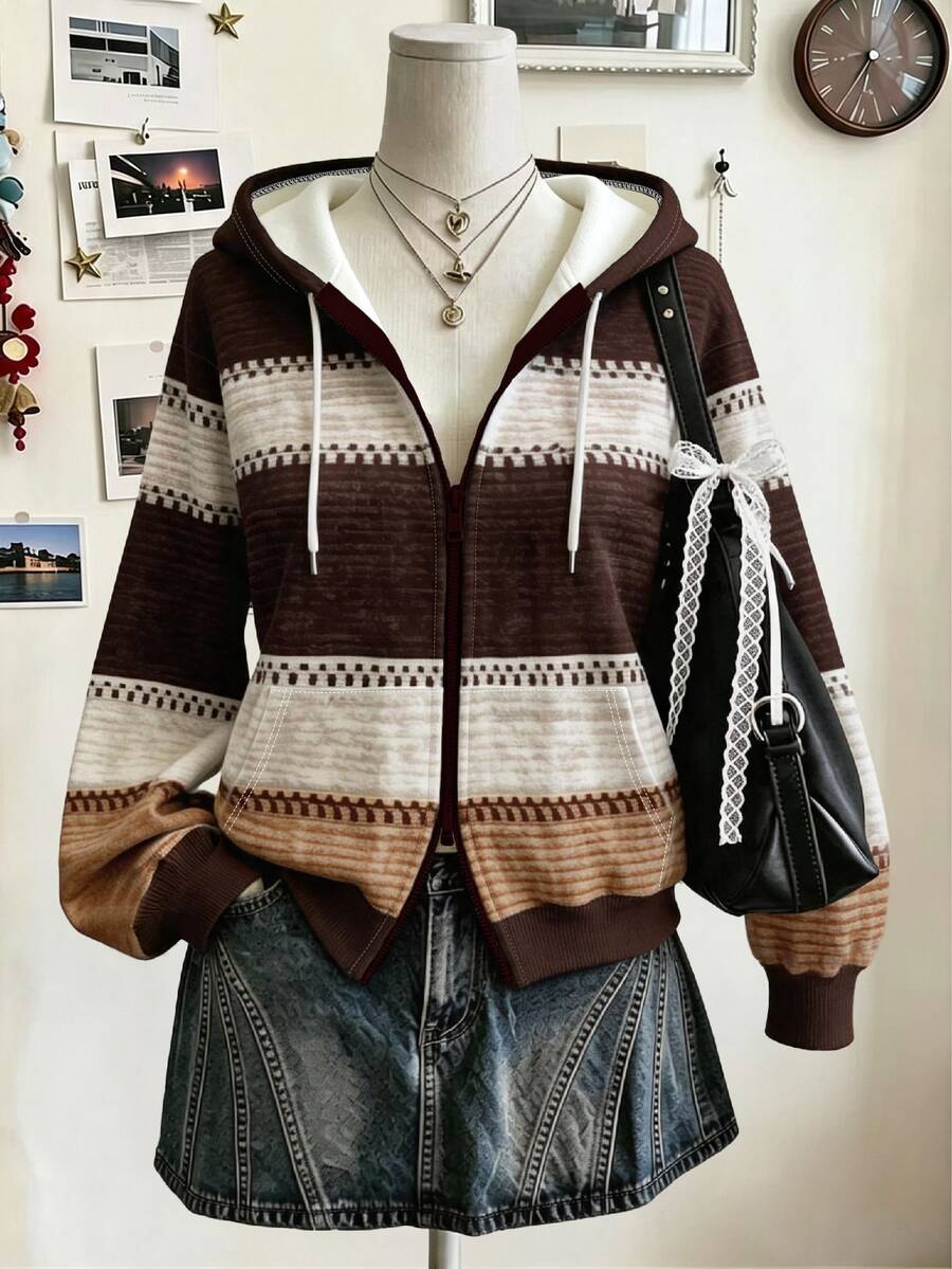 Collagica Collagica 女款外套上衣 秋冬新款 女式夾克 彩色條紋印花 雙拉鍊夾克 戶外休閒 度假穿搭 女款雙層 - 彩色 - 查看 1