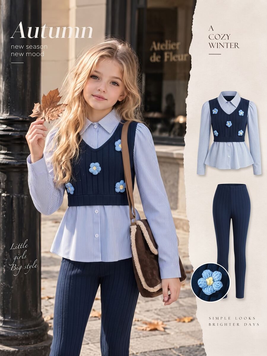 SHEIN Tween Girls White 2 In 1 Shirt With Leggings Set, 3D Floral Decoration, Preppy Cute Matching Style Two Pieces Outfit, Fall School Matching Family - Multicolor - View 1
