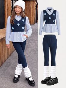 SHEIN Tween Girls White 2 In 1 Shirt With Leggings Set, 3D Floral Decoration, Preppy Cute Matching Style Two Pieces Outfit, Fall School Matching Family - Multicolor - View 3