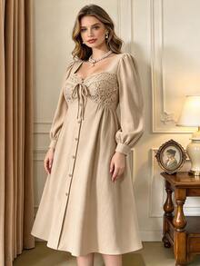 Rometta Plus Size Women's Petal Sleeve Lace Bow Button Elegant Romantic Corset 1920 Vintage Dress Fall High Tea Date Night Birthday Beige - Khaki - View 1