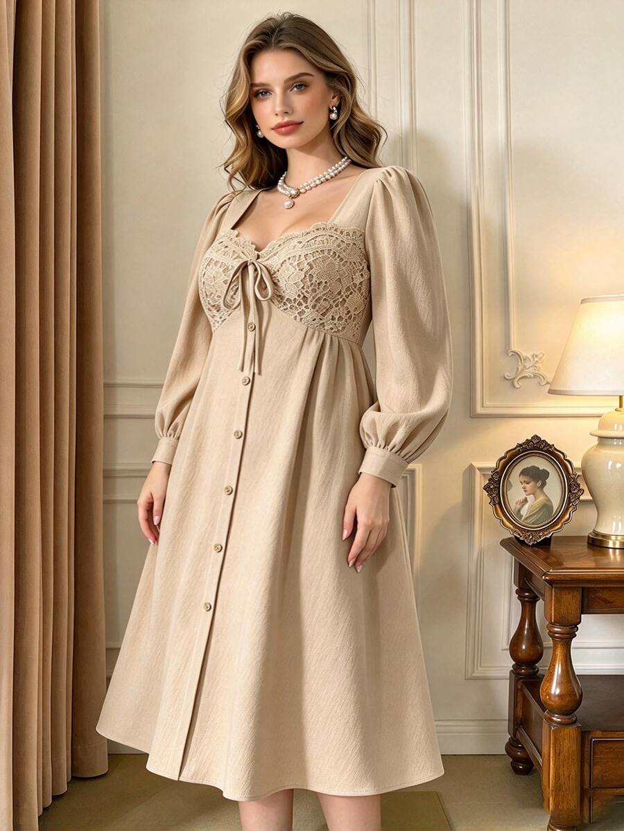 Rometta Plus Size Women's Petal Sleeve Lace Bow Button Elegant Romantic Corset 1920 Vintage Dress Fall High Tea Date Night Birthday Beige - Khaki - View 1