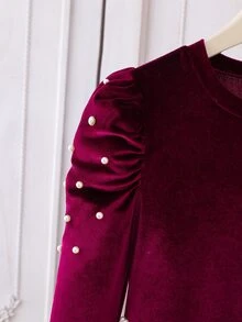 SHEIN 少女时尚酒红色天鹅绒串珠V领泡泡袖针织A字连衣裙，适合春秋季、冬季、新年、派对、圣诞节等场合。 - 酒紅色 - 查看 6