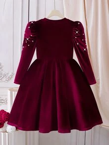 SHEIN 少女时尚酒红色天鹅绒串珠V领泡泡袖针织A字连衣裙，适合春秋季、冬季、新年、派对、圣诞节等场合。 - 酒紅色 - 查看 3