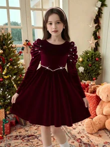 SHEIN 少女时尚酒红色天鹅绒串珠V领泡泡袖针织A字连衣裙，适合春秋季、冬季、新年、派对、圣诞节等场合。 - 酒紅色 - 查看 2