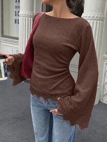 Selianne 標準尺寸女款秋冬抓皺腰部蕾絲飾邊拼接休閒優雅通勤T恤 辦公室早午餐米色秋季 - 棕色 - 查看 5