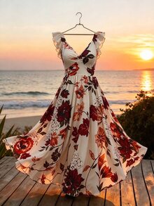 GlowEve CURVE Plus Size Floral Print Ruffle Sleeve Maxi Dress, Casual Resort, Romantic Date Party, Summer Beach Gown - Red - View 1