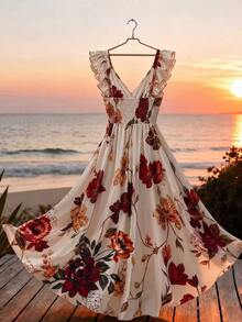 GlowEve CURVE Plus Size Floral Print Ruffle Sleeve Maxi Dress, Casual Resort, Romantic Date Party, Summer Beach Gown - Red - View 2