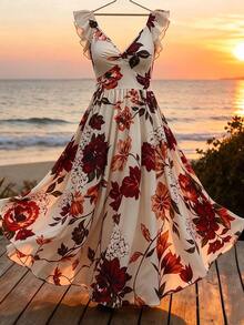 GlowEve CURVE Plus Size Floral Print Ruffle Sleeve Maxi Dress, Casual Resort, Romantic Date Party, Summer Beach Gown - Red - View 5