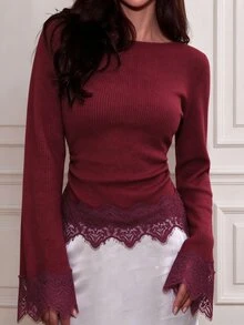 Selianne 女款對比蕾絲下擺長袖圓領純色休閒通勤T恤 - 酒紅色 - 查看 1