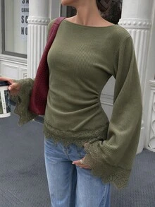 Selianne 女款標準尺寸秋冬收腰抓褶蕾絲飾邊拼接休閒通勤T恤上衣 - 軍綠色 - 查看 3