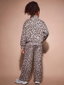 SHEIN 女童 2 件套運動衫與長褲，豹紋設計，半拉鍊立領運動衫搭配寬鬆運動長褲，7 歲生日秋季穿著 - 棕色 - 查看 2
