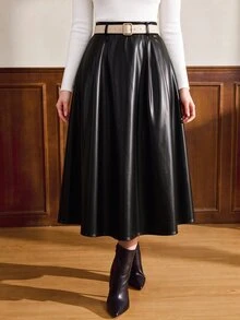 GlowEve CURVE Plus Size Elegant Tutu Slimming Skirt Fall Party Office Evening Black PU New Year - Black - View 9