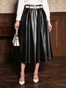 GlowEve CURVE Plus Size Elegant Tutu Slimming Skirt Fall Party Office Evening Black PU New Year - Black - View 8