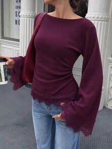 Selianne 女款船領長袖抓皺腰部蕾絲飾邊拼接純色休閒通勤T恤上衣 秋冬款 - 酒紅色 - 查看 4