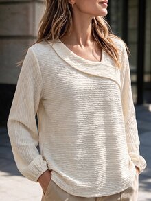 SHEIN LUNE Women's Elegant Casual Light Apricot Knit Lantern Sleeve Top, Simple Daily Commute Outfit - Apricot - View 6