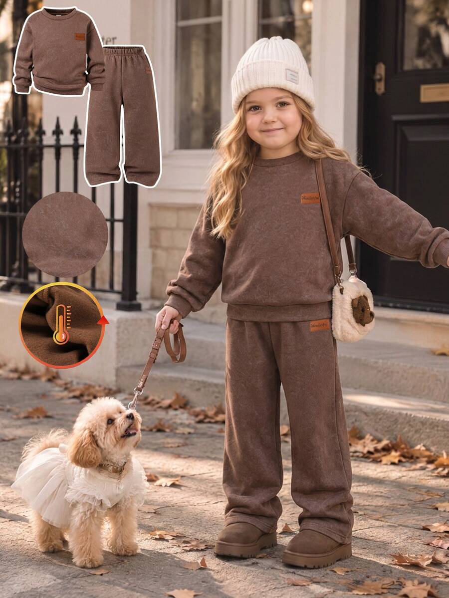 Elladie kids 兒童秋季加厚抓絨套裝,女童簡約拼接圓領衛衣寬腿長褲 2 件套保暖韓系穿搭 棕色 - 咖啡棕 - 查看 1