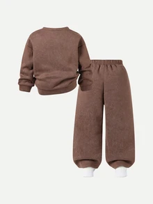Elladie kids 兒童秋季加厚抓絨套裝，女童簡約拼接圓領衛衣寬腿長褲 2 件套保暖韓系穿搭 棕色 - 咖啡棕 - 查看 2
