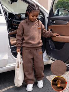 Elladie kids 兒童秋季加厚抓絨套裝，女童簡約拼接圓領衛衣寬腿長褲 2 件套保暖韓系穿搭 棕色 - 咖啡棕 - 查看 3