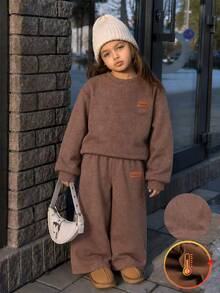 Elladie kids 兒童秋季加厚抓絨套裝，女童簡約拼接圓領衛衣寬腿長褲 2 件套保暖韓系穿搭 棕色 - 咖啡棕 - 查看 9