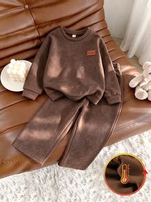 Elladie kids 兒童秋季加厚抓絨套裝，女童簡約拼接圓領衛衣寬腿長褲 2 件套保暖韓系穿搭 棕色 - 咖啡棕 - 查看 8