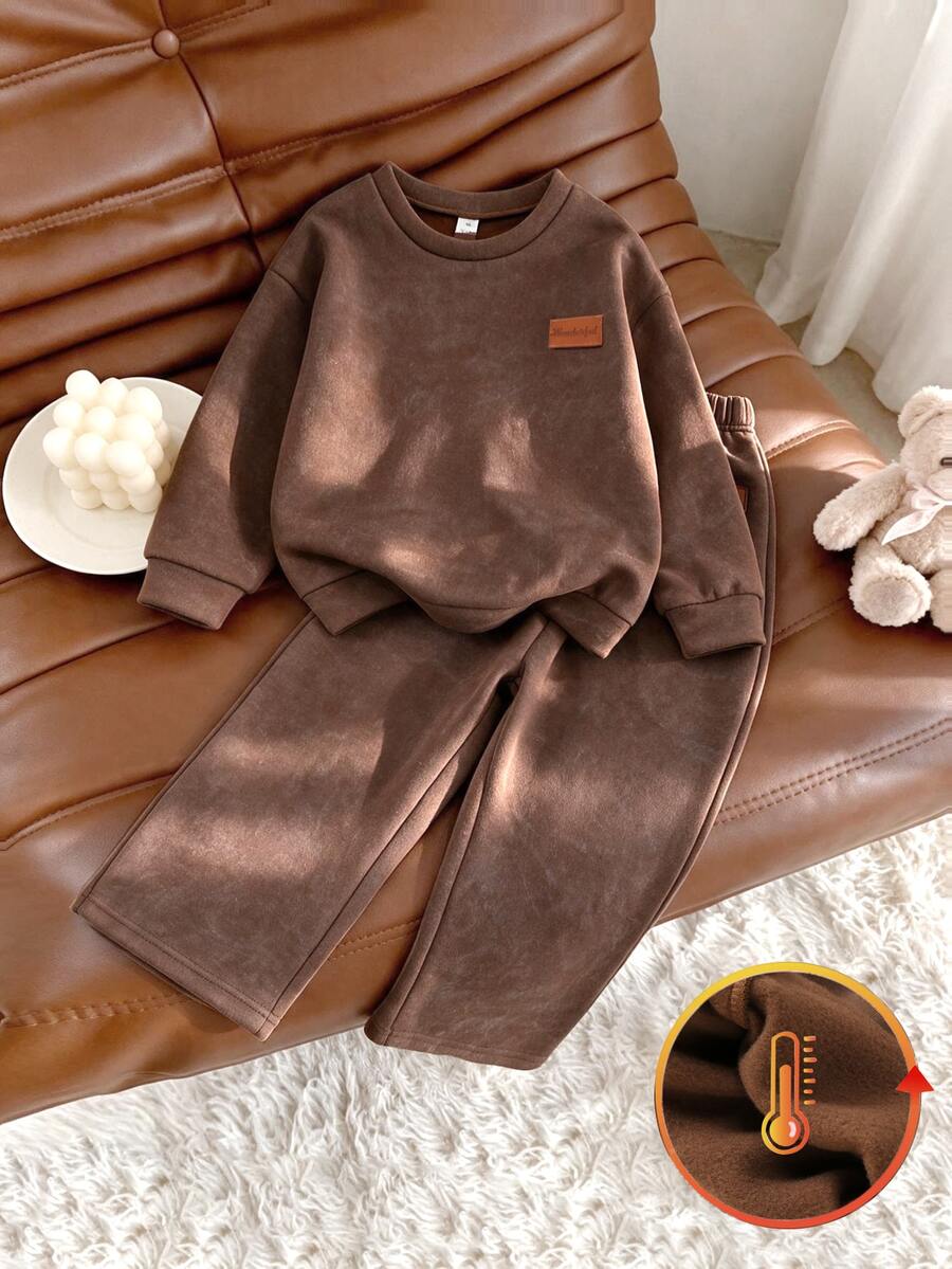 Elladie kids Kids Fall Thick Fleece Set, Girls Simple Patch Crew Neck Sweatshirt Wide Leg Trousers 2 Piece Warm Korean Outfit Brown - Coffee Brown - View 1