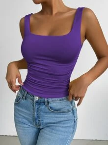SHEIN PETITE Deep Purple Square Neck Wide Strap Side Ruched Slim Cami Tank Top For Women,Basic Sexy Vest,Daily Wear,Going Out,Brunch,Night Out,Music Festival - Purple - View 3