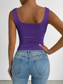 SHEIN PETITE Deep Purple Square Neck Wide Strap Side Ruched Slim Cami Tank Top For Women,Basic Sexy Vest,Daily Wear,Going Out,Brunch,Night Out,Music Festival - Purple - View 2