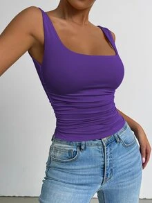 SHEIN PETITE Deep Purple Square Neck Wide Strap Side Ruched Slim Cami Tank Top For Women,Basic Sexy Vest,Daily Wear,Going Out,Brunch,Night Out,Music Festival - Purple - View 7