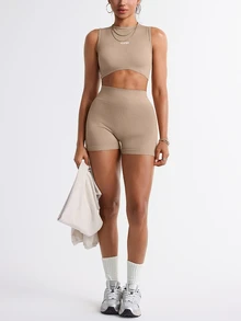Velisys Velisys Women's Letter Print Cropped Top And High Waist Shorts Casual Daily Sports Set - Multicolor - View 2