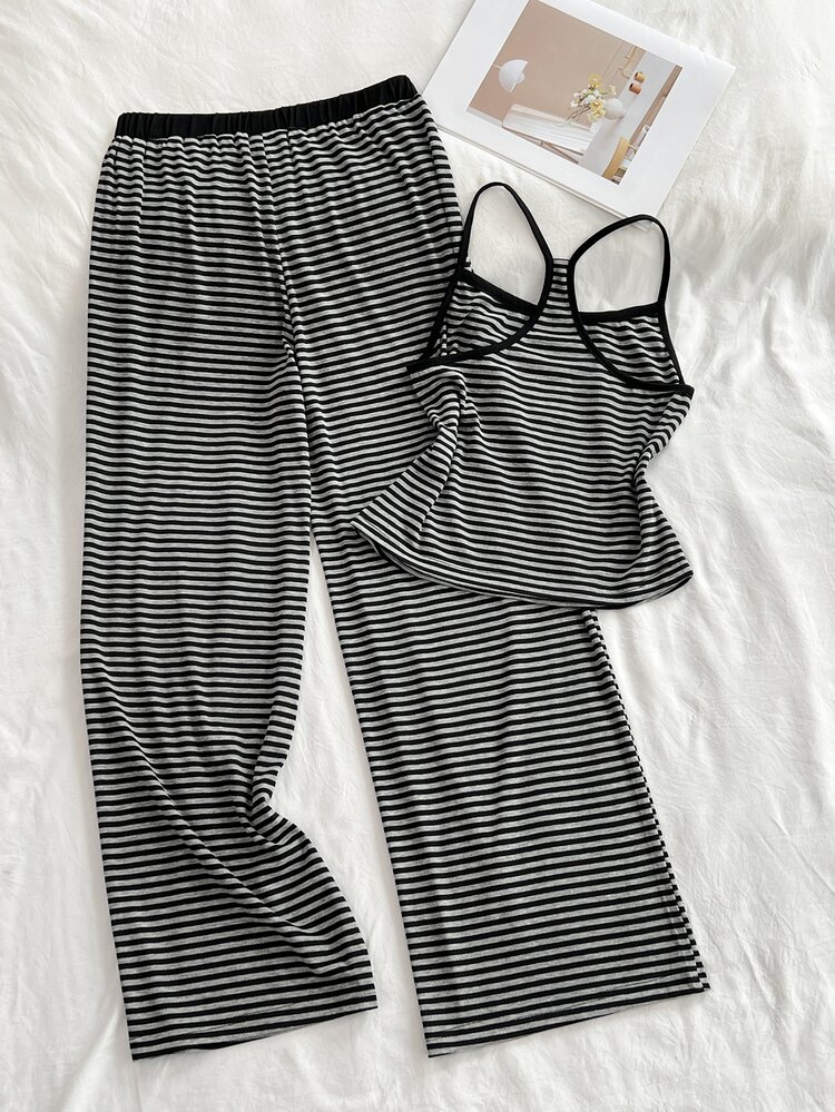 Elamini Petite Women's Elegant Versatile Commuter Fashion Petite Striped Tank Top & Pants 2 Pieces Set - Black and White - View 2