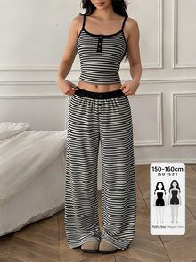 SHEIN PETITE Women's Elegant Versatile Commuter Fashion Petite Striped Tank Top & Pants 2 Pieces Set - Black and White - View 1