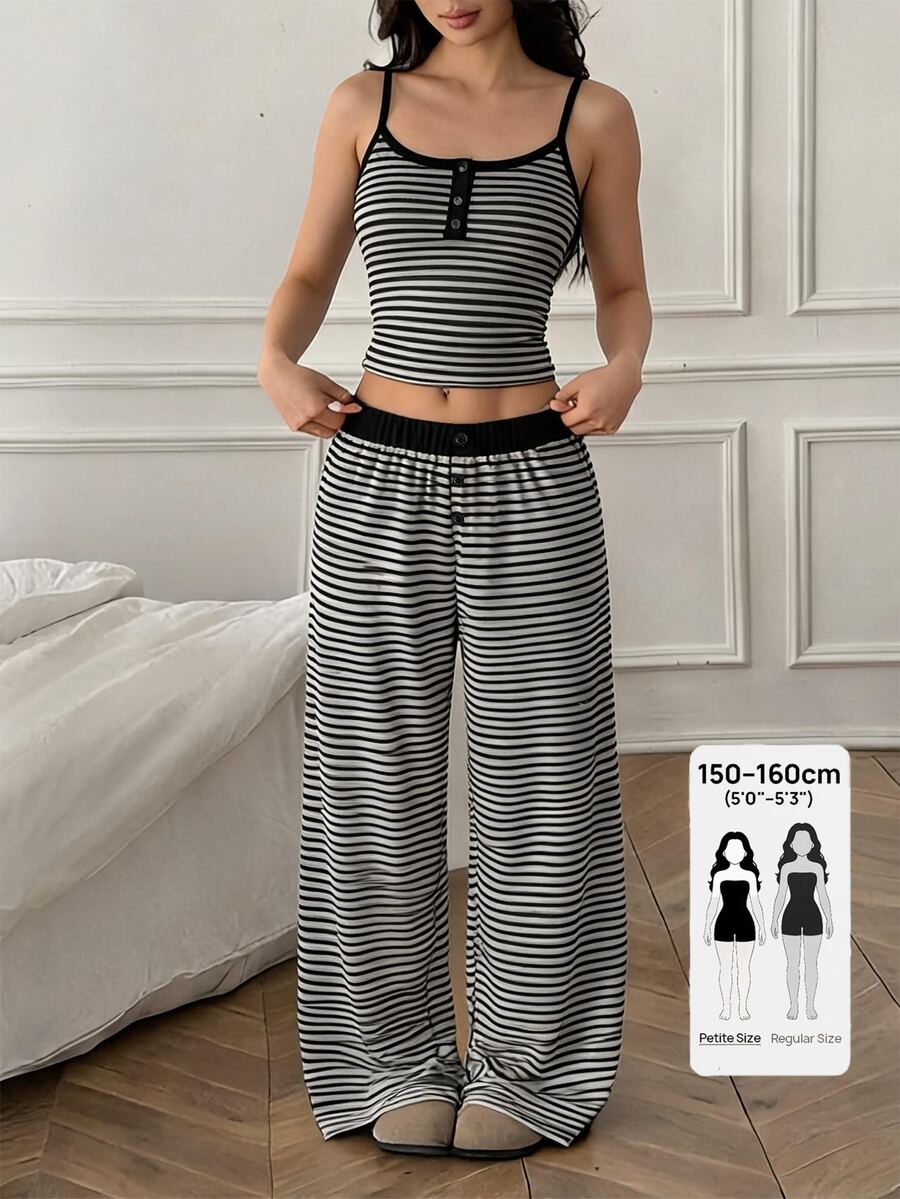 SHEIN PETITE Women's Elegant Versatile Commuter Fashion Petite Striped Tank Top & Pants 2 Pieces Set - Black and White - View 1