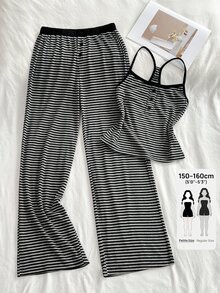 SHEIN PETITE Women's Elegant Versatile Commuter Fashion Petite Striped Tank Top & Pants 2 Pieces Set - Black and White - View 3