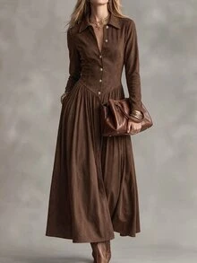 LUMIGAL Women's Solid Color Pleated Casual Party Dress - Coffee Brown - View 5