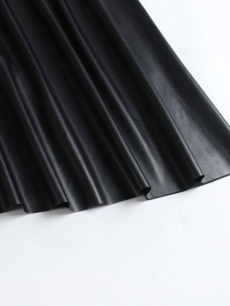 Femmeverse Plus Solid PU Leather Flare Skirt Fall Cloth For Women - Black - View 7