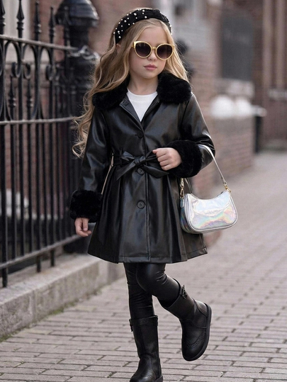 SHEIN Kids Young Girl Young Girl Young Girl Patchwork Fur Young Girl Collar Long Sleeve PU Leather Casual Fashion Autumn Winter Jacket