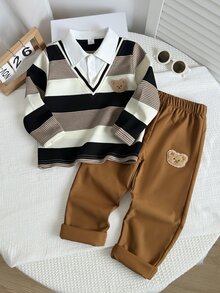 SHEIN 2件組小男孩套裝，兒童針織舒適長袖 Polo 2合1衛衣，時尚帥氣中小童胸前印花小眾設計上衣，搭配卡其色休閒長褲，彈性腰頭設計，寬鬆版型，適合秋季度假、上學、日常出遊等場合 - 彩色 - 查看 2