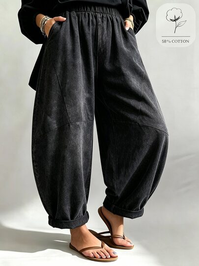 SHEIN Women's Summer 2026 New Bohemian Popular Vintage Blue Plaid Loose Lantern Pants Balloon Pants Cropped Pants, Cotton Blend Textured Bubble Plaid Fabric; Elastic Waist Design Fits Various Body Types, Loose Lantern Silhouette Casual And Lazy, Rolled Hem Adds Detail Layers, Suitable For Daily Outings, Casual Looks, Lazy Vacation