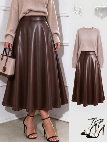 Femmeverse Plus Size Fashion Commuter Solid Color Skirt Fall