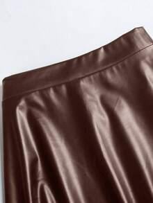 Femmeverse Plus Size Fashion Commuter Solid Color Skirt Fall - Brown - View 4