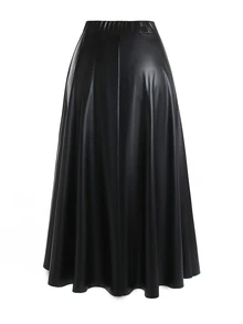 Femmeverse Plus Size Tall Women's Autumn/Winter High-End Solid Color Leather Midi Skirt Fall - Black - View 2