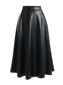 Femmeverse Plus Size Tall Women's Autumn/Winter High-End Solid Color Leather Midi Skirt Fall - Black - View 3