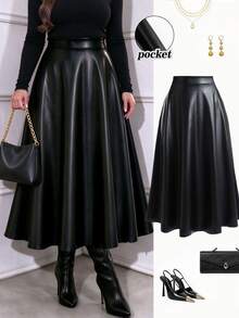 Femmeverse Plus Size Tall Women's Autumn/Winter High-End Solid Color Leather Midi Skirt Fall - Black - View 1