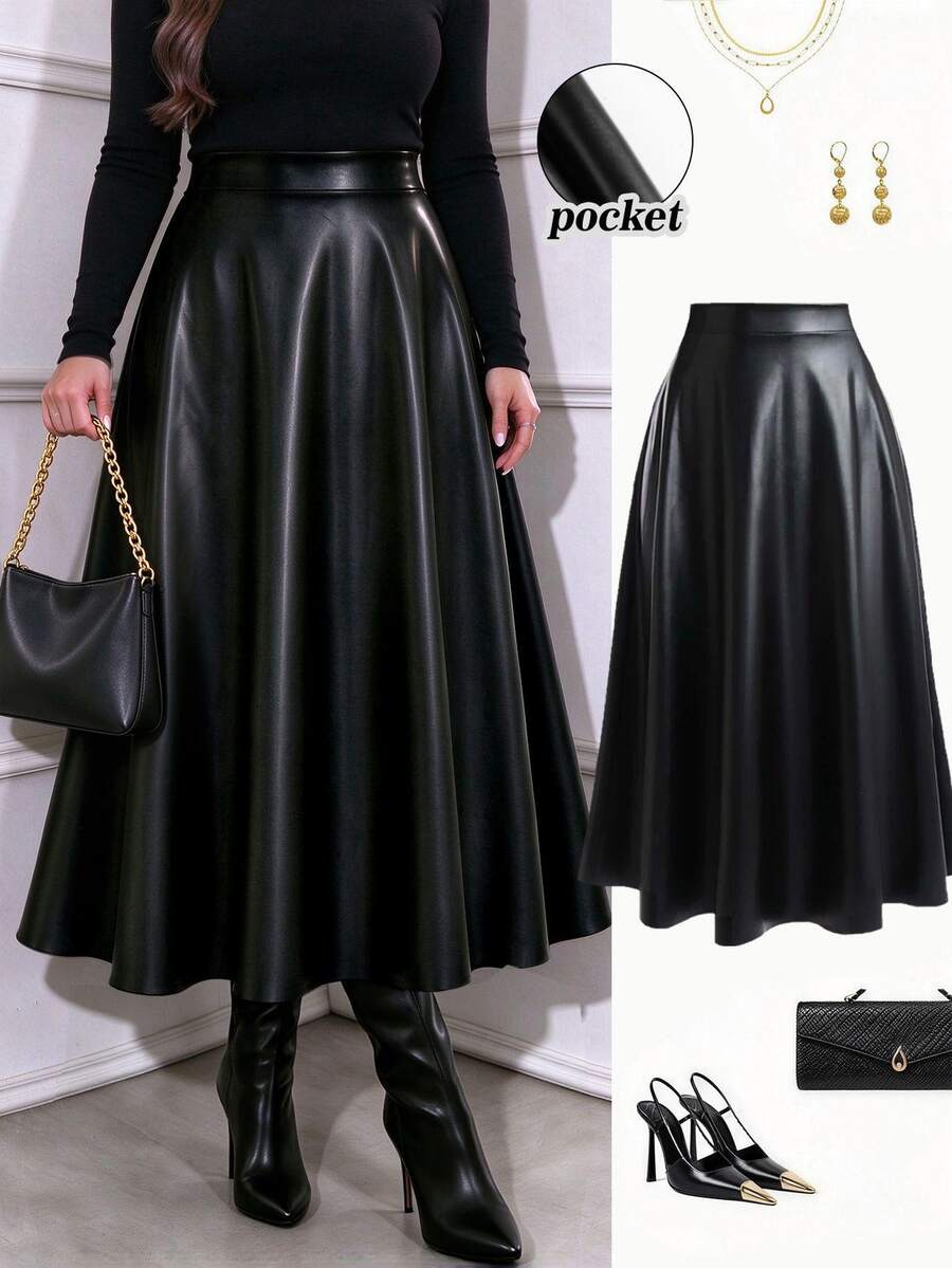 Femmeverse Plus Size Tall Women's Autumn/Winter High-End Solid Color Leather Midi Skirt Fall - Black - View 1