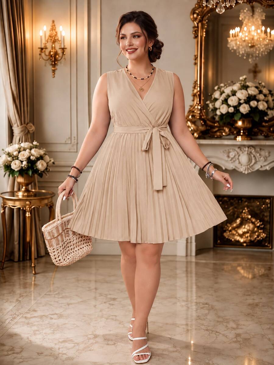 Rometta Women's Plus Size Fashion Solid Color Sleeveless V-Neck Dress - Apricot - View 1