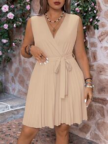 Rometta Women's Plus Size Fashion Solid Color Sleeveless V-Neck Dress - Apricot - View 3