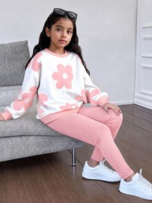 SHEIN 少女可愛粉色與白色花卉圓領運動衫與緊身褲2件套，秋季返校校園日常穿著，復古風格 - 粉色 - 查看 2