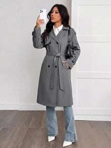 SHEIN PETITE 女款素色長袖保暖內裡休閒風衣 - 灰色 - 查看 5