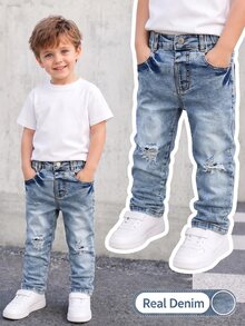 SHEIN Genkimix Kids Young Boy Vintage Distressed Washed Ripped Denim Jeans, Stretch Elastic Slim Fit Long Pants, Versatile Everyday Wear - Light Wash - View 1