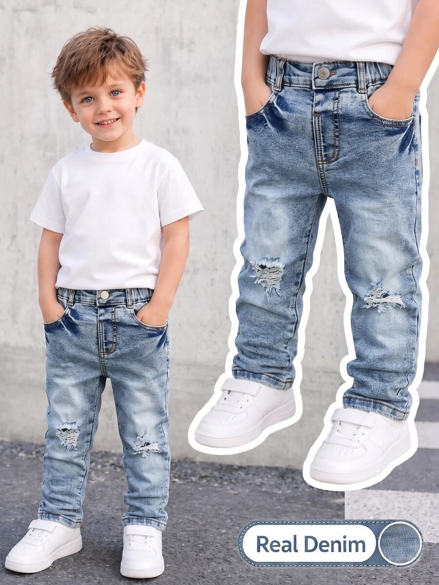 SHEIN Genkimix Kids Young Boy Vintage Distressed Washed Ripped Denim Jeans, Stretch Elastic Slim Fit Long Pants, Versatile Everyday Wear - Light Wash - View 1